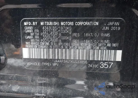 2019 Mitsubishi Outlander Sport 2.0 Es from USA, damaged, VIN JA4AP3AU1KU033856